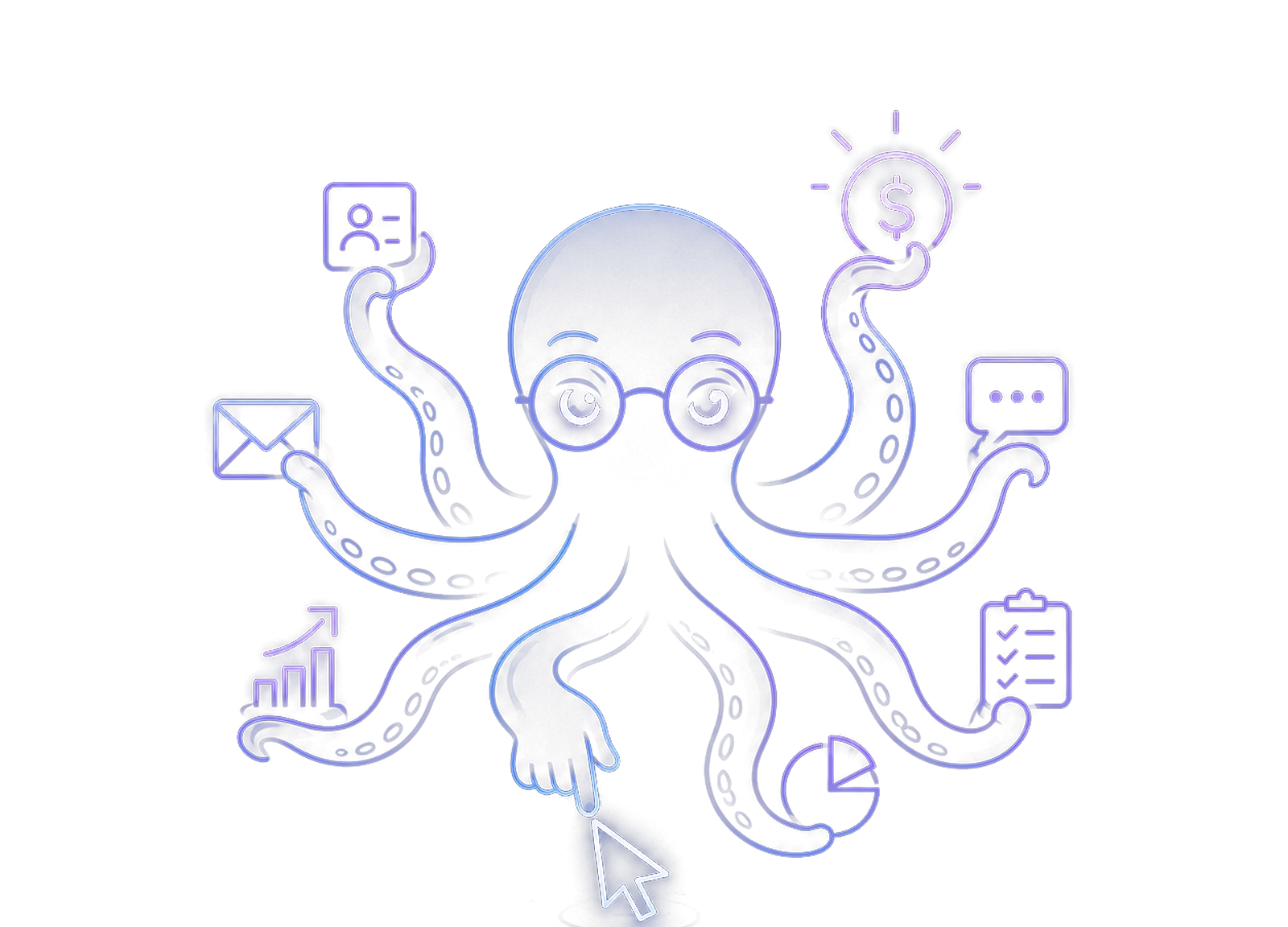Sideklix mascot: a glowing octopus whose eight arms each handle a revenue task: finding leads, writing outreach, building offers and clearing the busywork, with one arm on the cursor.